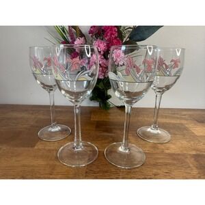 Vintage Arcopal France Pink Iris Wine Glasses Floral Stemware MCM Barware